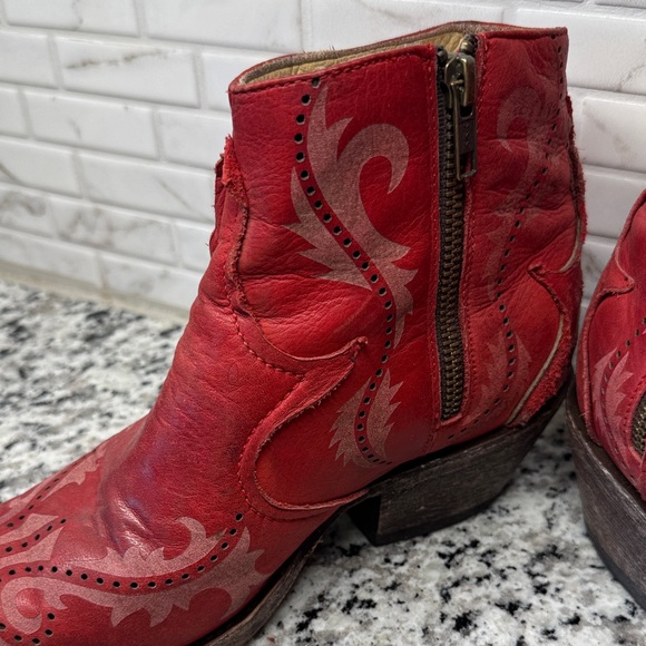 Women's Red Leather Western Ankle Booties - Stylish Embossed Design - Picture 6 of 16